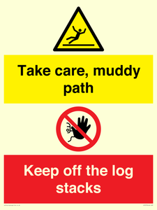 Take care, muddy path Keep off the logs stacks